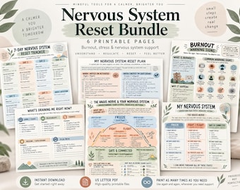 Op de afbeelding: Een Nervous System Reset Bundle bestaande uit zes printbare pagina's met tekst en diagrammen. De pagina's bevatten een 7-daagse tracker, een resetplan, waarschuwingssignalen voor burn-out, een nervus vagus-schema en een energietracker.