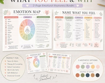 May include: A printable emotional awareness bundle with the text "Understanding What You Feel & Why." The bundle includes an emotion map and a flow chart. The color palette is soft with options for neutral and earthy tones. Includes US Letter & A4 sizes.