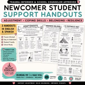 Könnte beinhalten: Ein Satz druckbarer Handouts für neue Schüler, entworfen von einem traumainformierten Schulberater. Die Handouts sind auf Englisch und Spanisch und behandeln Anpassung, Bewältigungsfähigkeiten, Zugehörigkeit und Resilienz. Enthält den Text "Instant Download".