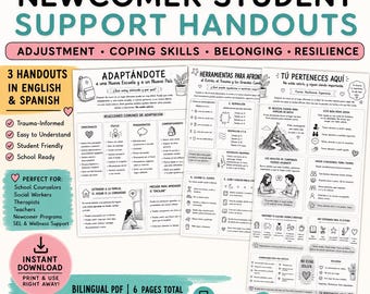 Op de afbeelding: Een set afdrukbare handouts voor nieuwe leerlingen, ontworpen door een trauma-geïnformeerde schoolcounselor. De handouts zijn in het Engels en Spaans en behandelen aanpassing, copingvaardigheden, belonging en veerkracht. Bevat de tekst "Instant Download".