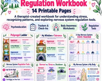 May include: A 14-page Nervous System Regulation Workbook featuring educational charts, trackers, and worksheets. The document includes sections on the Polyvagal Ladder, Window of Tolerance, state trackers, and various regulation tools.