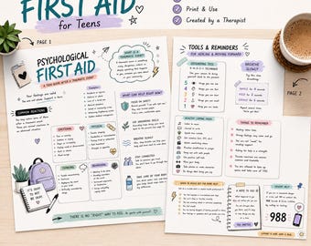 Op de afbeelding: Een afdrukbare handout van twee pagina's met de titel "Psychological First Aid for Teens". De pagina's bevatten tekst en illustraties met richtlijnen over trauma, waaronder aardingstechnieken, coping-ideeën en herinneringen. Bevat de tekst "It's okay to not be okay."