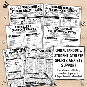 May include: A collection of black and white digital handouts for student athletes, coaches, and parents. The handouts cover topics like stress management, focus cues, and pre-performance routines. The text includes "Student Athlete Sports Anxiety Support".