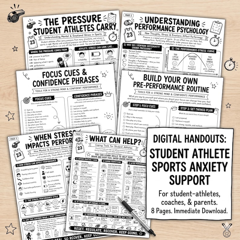 May include: A collection of black and white digital handouts for student athletes, coaches, and parents. The handouts cover topics like stress management, focus cues, and pre-performance routines. The text includes "Student Athlete Sports Anxiety Support".