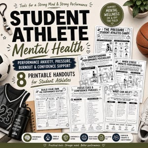 May include: Printable handouts for student athletes focusing on mental health, performance anxiety, and burnout. The image features a soccer ball, basketball, jersey, water bottle, and various worksheets with text like "Student Athlete Mental Health."