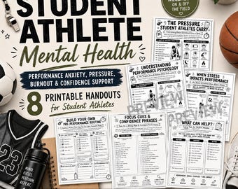 Op de afbeelding: Printbare handouts voor student-atleten, gericht op mentale gezondheid, prestatieangst en burn-out. De afbeelding toont een voetbal, basketbal, shirt, waterfles en diverse werkbladen met tekst als "Student Athlete Mental Health".