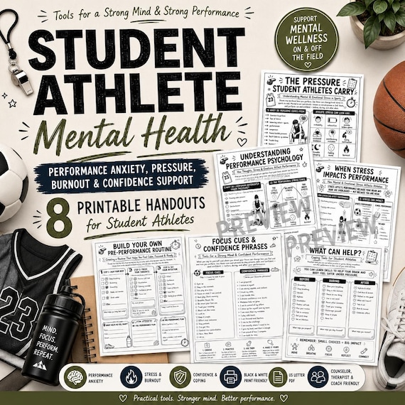 Student Athlete Mental Health Handouts | Sports Anxiety, Burnout & Performance Psychology Worksheets for Teens