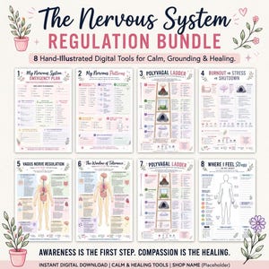 May include: A bundle of eight digital tools for nervous system regulation. The title reads "The Nervous System Regulation Bundle". The tools include charts and diagrams with titles such as "Emergency Plan" and "Vagus Nerve Regulation". The text "Awareness is the first step. Compassion is the healing" is also visible.