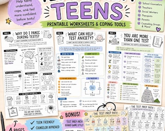 Op de afbeelding: Printbare werkbladen en coping tools voor tieners met examenvrees. De pagina's bevatten informatie over paniek tijdens toetsen, manieren om de geest en het lichaam te kalmeren en een bordspel voor de voorbereiding op toetsen. De werkbladen zijn tiener-vriendelijk en door counselors goedgekeurd.