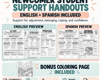 Op de afbeelding: Ondersteuningsmateriaal voor nieuwe leerlingen in het Engels en Spaans, met printbare PDF-werkbladen voor aanpassing en coping. Bevat Engelse en Spaanse voorbeelden van My Story en My Place hand-outs, plus een bonus kleurplaat in zwart-wit.