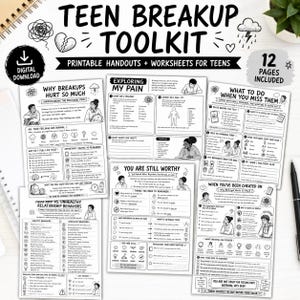 May include: A black and white printable Teen Breakup Toolkit with worksheets for teens. The toolkit includes 12 pages of handouts with titles such as "Why Breakups Hurt So Much" and "What to Do When You Miss Them". A digital download icon is in the upper left corner.