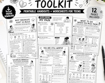 May include: A black and white printable Teen Breakup Toolkit with worksheets for teens. The toolkit includes 12 pages of handouts with titles such as "Why Breakups Hurt So Much" and "What to Do When You Miss Them". A digital download icon is in the upper left corner.