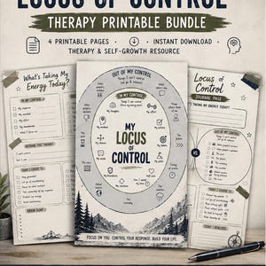 Könnte beinhalten: Ein Therapie-Druckpaket mit dem Titel "Locus of Control". Das Paket enthält vier bedruckbare Seiten und ist eine Selbstwachstumsressource. Das Design zeigt eine zentrale kreisförmige Grafik mit den Worten "My Locus of Control" und eine Berglandschaft.