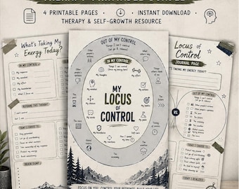 Op de afbeelding: Een therapie printbaar pakket met de titel "Locus of Control". De bundel bevat vier afdrukbare pagina's en is een zelfgroeimiddel. Het ontwerp toont een centrale cirkelvormige afbeelding met de woorden "My Locus of Control" en een berglandschap.