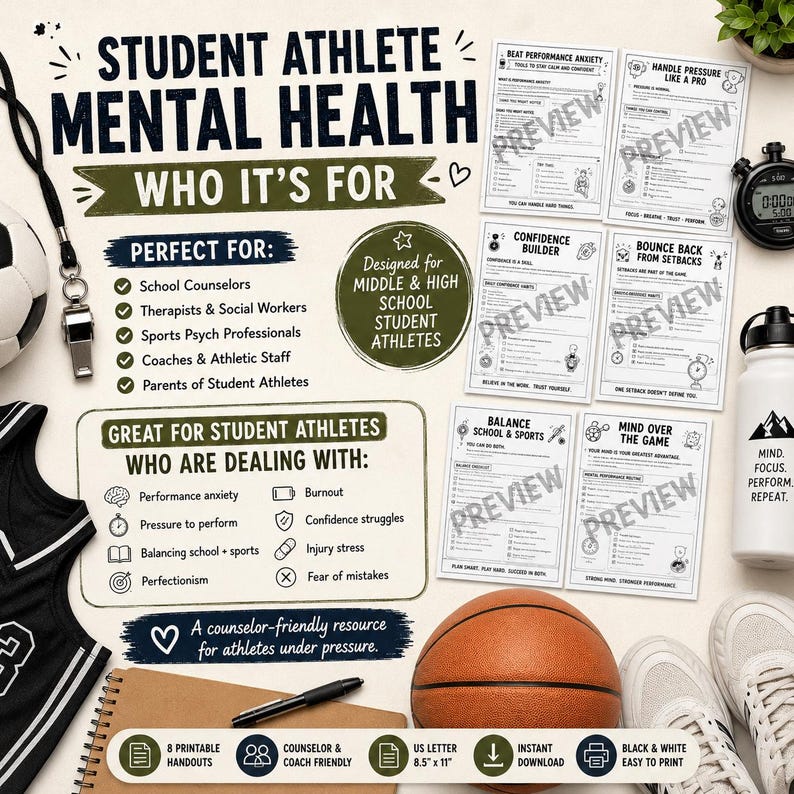 May include: A digital resource for student athlete mental health, with the text "Student Athlete Mental Health" and "Who It's For". Includes printable handouts, a basketball, and a water bottle. Designed for middle and high school students.