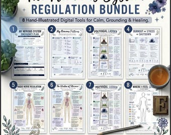 Op de afbeelding: Een bundel van acht hand-geïllustreerde digitale tools voor de regulatie van het zenuwstelsel. De titel luidt "The Nervous System Regulation Bundle". De tools omvatten noodplannen, patronen en diagrammen. De tekst onderaan luidt "Bewustzijn is de eerste stap. Compassie is de genezing."
