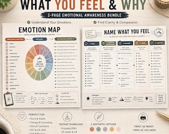 Op de afbeelding: Tweezijdige bundel voor emotioneel bewustzijn met een emotiekaart en een stroomdiagram. De emotiekaart heeft een kleurenwiel met emoties als boosheid, verdriet en angst. Het stroomdiagram helpt bij helderheid en groei. Inclusief afdrukbare PDF's.