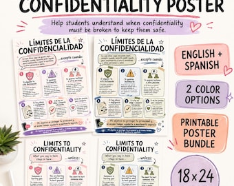 Op de afbeelding: Een afdrukbare posterbundel met de tekst "LIMITS TO CONFIDENTIALITY POSTER" in het Engels en Spaans. De poster bevat informatie over wanneer vertrouwelijkheid moet worden geschonden. De poster is verkrijgbaar in twee kleuropties en meet 45,7 x 61 cm.