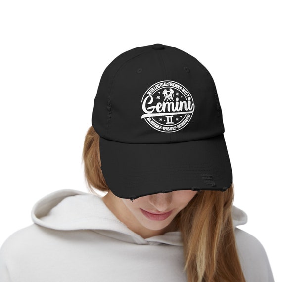 Gemini Zodiac Embroidered Baseball Cap – Vintage Adjustable Dad Hat In Distressed Black Cotton - View #7