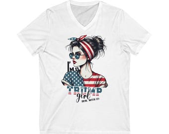 Trump Girl USA Patriotic V-Neck T-Shirt: American Flag Tee