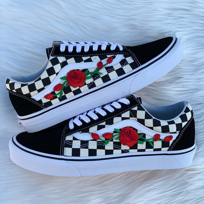 checkered vans with red drip