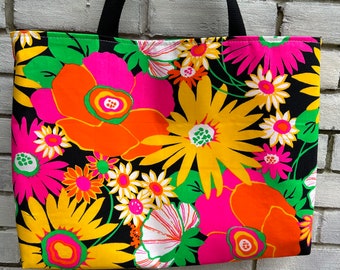 Vintage fabric upcycled  tote bag groovy retro flower power 70s fashion handmade repurposed sustainable fashion festival dayglo