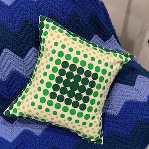 1970s decor mid century 70s vintage throw pillow cover groovy mod op art retro upcycled repurposed 15" handmade mcm green boho polka dot