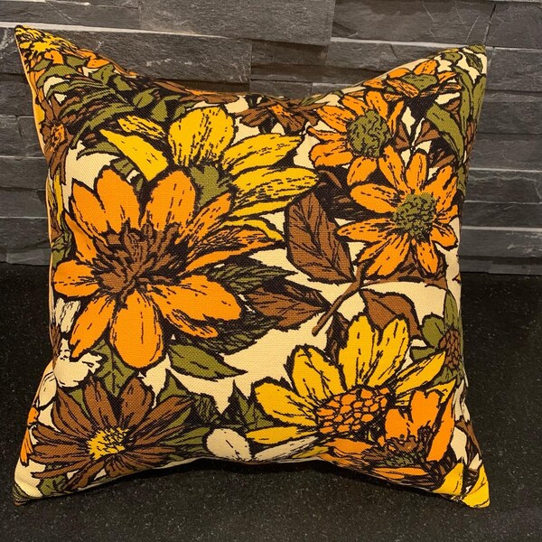 retro vintage throw pillow cover flower power upcycled repurposed vintage fabric  groovy 70s home boho accent pillow mid century cushion