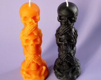 Skeleton Beeswax Candle, Stacked Skulls, Hear Speak See No Evil, Halloween Candle
