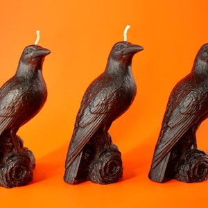 Perched Crow Beeswax Candle: Black Bird Halloween Decor