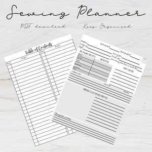 May include: A white sewing planner document with black text and lines. One page shows a Table of Contents with columns for page numbers and projects. The other page includes fields for pattern details, measurements, notions, and project notes.
