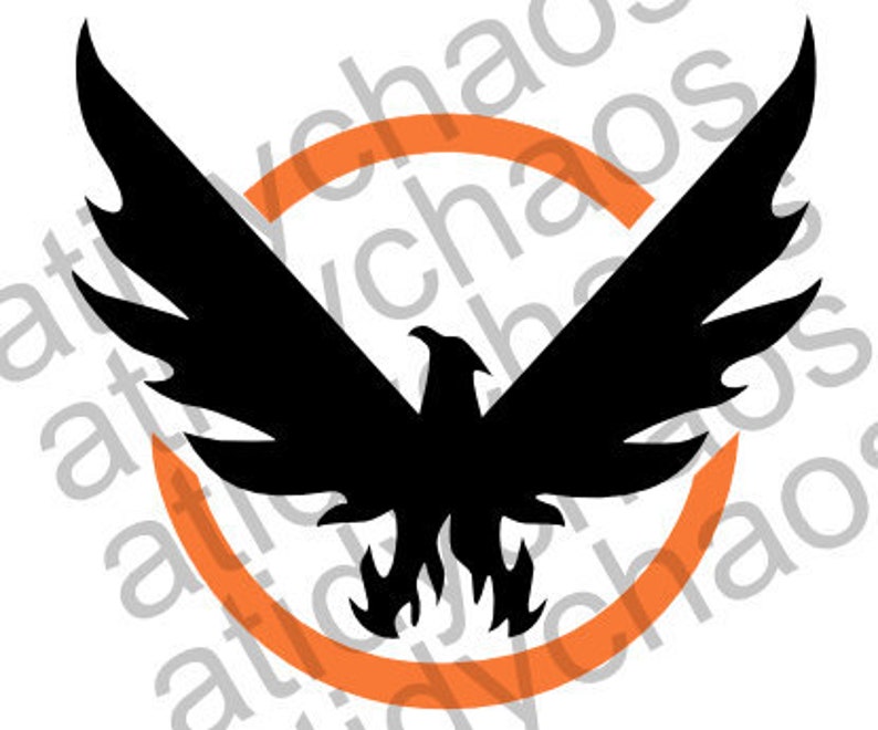 May include: A black silhouette of a phoenix with outstretched wings, set against a bright orange circle. The phoenix is in a fiery pose with flames surrounding its body.
