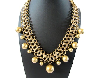 Vintage Kenneth Jay Lane Necklace Gold Tone Faux Pearl Chain Link Collar signed