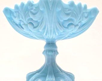 Portieux Vallerysthal Scroll Blue Opaline Milk Glass Pedestal