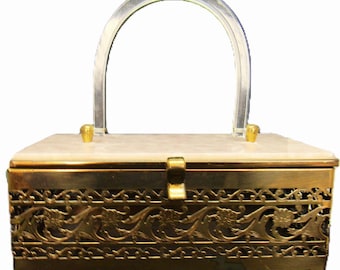 Lucite pearl purse box brass filigree trim with Mirror handbag 1950 mid century
