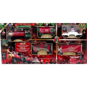 May include: A 33-piece North Pole Express Christmas train set in a display box. The set includes a red and gold locomotive, an oil tank car, a snowman car, a light-up caboose, a box car, tracks, and a wireless remote control for operation.
