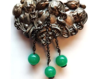 Art nouveau Sash Buckle Cherubs repousse green stone Bead Drops 1930s ART NOUVEAU Belt Buckle | Style Metal Spec NY Rare  main image 4