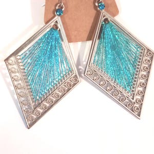 Blue Sky String Earrings, silver tone with turquoise stone, silk thread earrings, dangle jewelry, unique design.