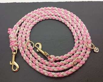 Dog leash made of paracord for small dogs 2 m, 3-way adjustable - pink / cream