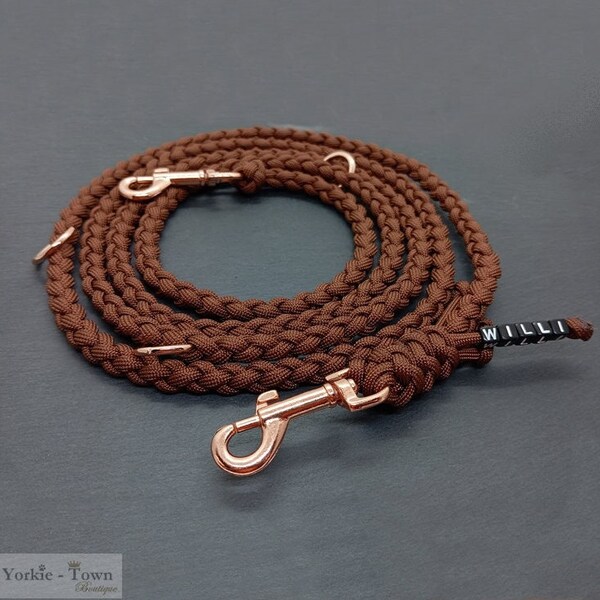 Dog leash made of paracord for small dogs 2 m, 3-way adjustable - Chocolate