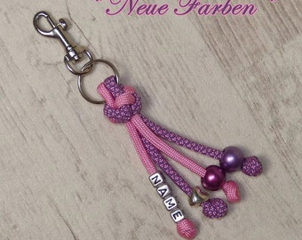 Pink paracord keychain bag charm, customizable with name pendant, key chain gift