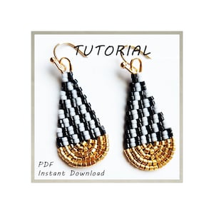 May include: A pair of handmade beaded earrings with a black and white checkered pattern and gold-colored bottom. The earrings have gold-colored hooks. The word "TUTORIAL" is written above the earrings, and "PDF Instant Download" is written below.