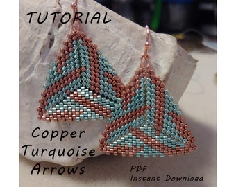 Copper/Turquoise Arrows Earrings/Step-by-step beading pattern / Tutorial / Pdf beading pattern