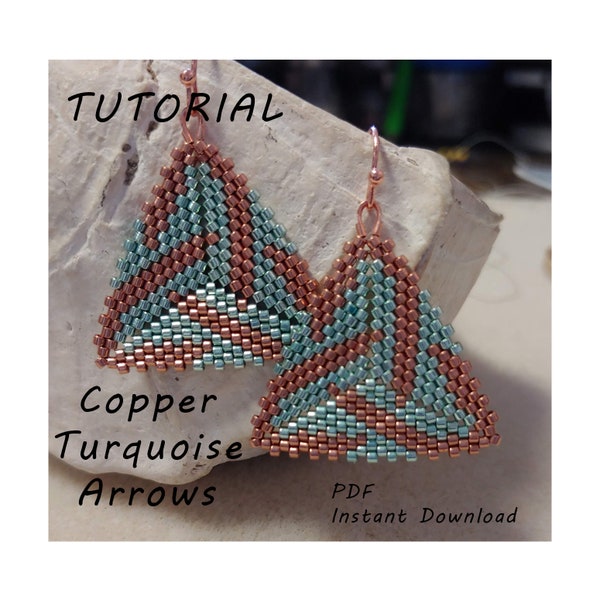 Copper/Turquoise Arrows Earrings/Step-by-step beading pattern / Tutorial / Pdf beading pattern