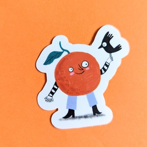 The Happy Orange with bird character//vinyl sticker scratch and waterproof//laptop, skateboard, scrapbooking, sketchbook etc