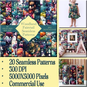 May include: A set of 20 digital seamless patterns featuring a whimsical woodland fairy tale theme. The patterns are high resolution, 300 DPI, and 5000x5000 pixels. They are perfect for commercial use.