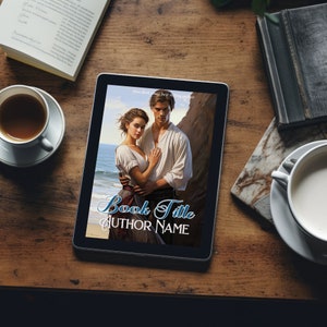 May include: A digital tablet shows a book cover with a romantic illustration of a couple on a beach. The cover has the title and author's name in script. The tablet is on a wooden table, with coffee and books nearby. The text reads: New York Times best selling author.