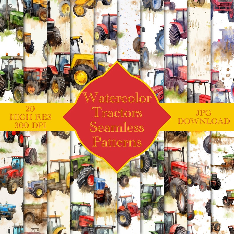 Watercolor Tractor Seamless Texture Pattern Farming Style Agriculture ...
