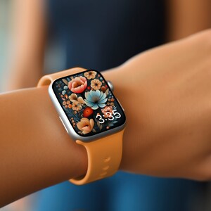 May include: A smartwatch with a floral design watch face and a bright orange band. The time is 3:35 and the date is SUN 13.