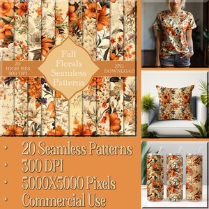 May include: A digital product showcasing 20 seamless floral patterns in shades of orange, cream, and brown. The image includes a t-shirt, pillow, and tumblers with the same floral design. Text on the image reads "Fall Florals Seamless Patterns".